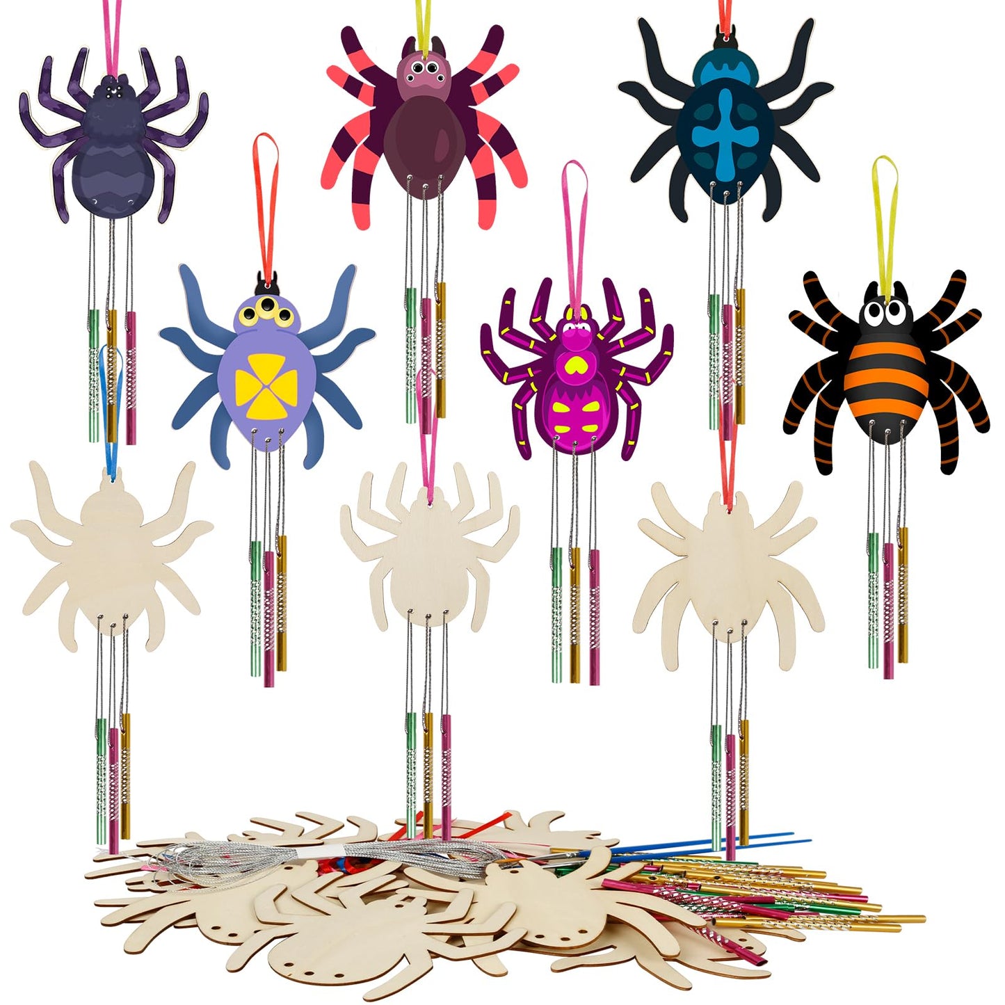 Fennoral 9 Pack Spider Wind Chime Kit For Kids Make You Own Spider Wind Chimes Wooden Arts And Crafts For Girls Boys Diy Colorin