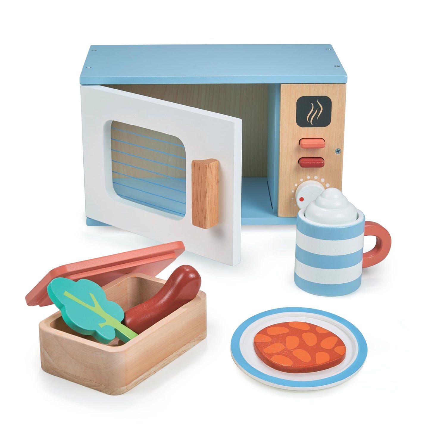 Mentari Toys - Toy Microwave - 9Pc Wooden Microwave Set With Pretend Play Food - Kids Role Play Kitchen Accessories - Improve So