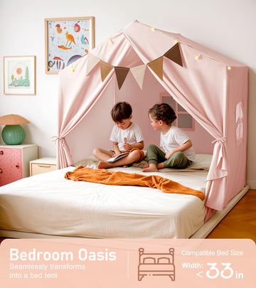 Kids Play Tent, Large Kids Playhouse with String Lights and Flag Garland, Bed Tent with 2 Windows, Machine Washable Reading Nook