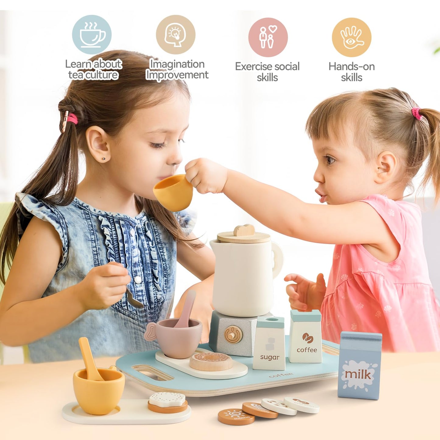 Wooden Tea Set For Little Girls And Boys | 18 Pcs Kids Coffee & Tea Set For Toddlers | Pretend Play Toy With Silicone Accessorie