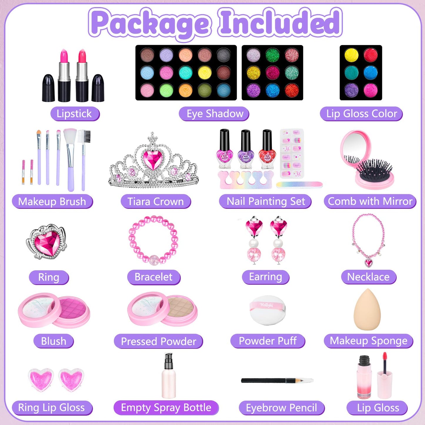 Hollyhi 62Pcs Kids Makeup Kit for Girl, Washable Play Makeup Toys Set for Dress Up, Beauty Vanity Set with Cosmetic Case Birthda
