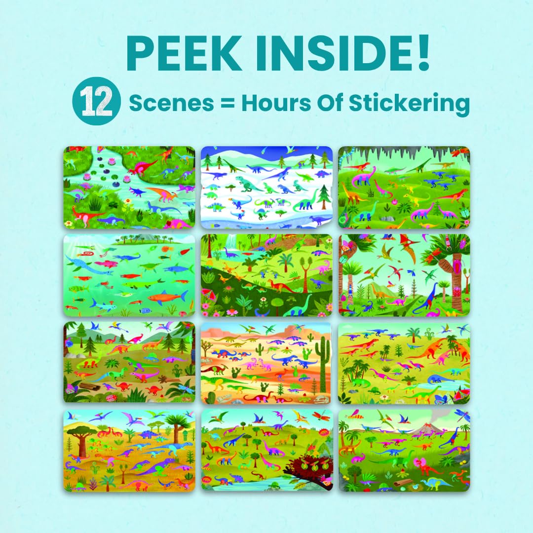 CUPKIN Dinosaur Sticker Book - 500+ Stickers, 12 Scenes & Coloring Pages, Kids Activity, Travel Essentials, Ages 2-8, Paper