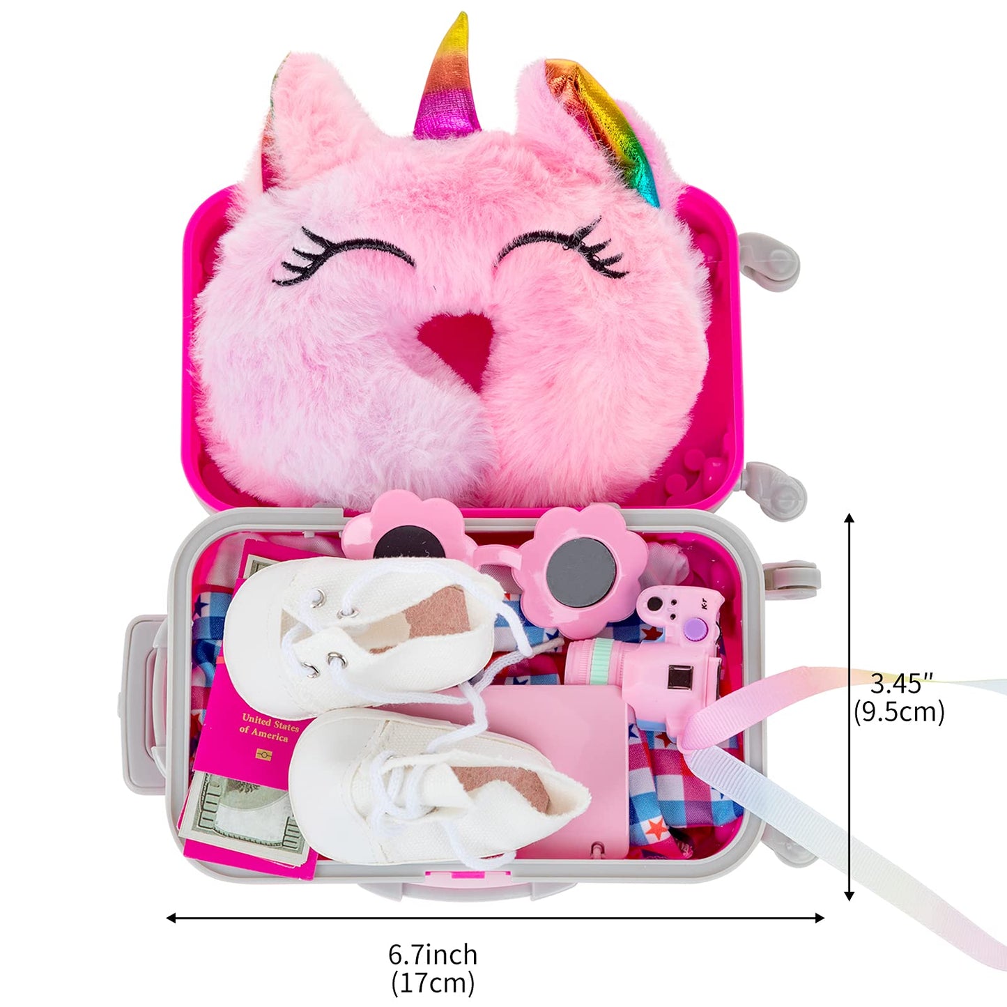 Zqdoll American 18 Inch Doll Clothes And Accessories - Doll Travel Suitcase Play Set Including Suitcase Doll Clothes, Shoes, Sunglasses, Camera, Unicorn Pillow, For 18 Inch Doll(No Doll)