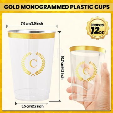 Datyiiha 100 Pieces Monogrammed Plastic Cups Gold Foil Letter C Disposable Cups 12 Oz Clear Initial Party Cups For Wedding Birth