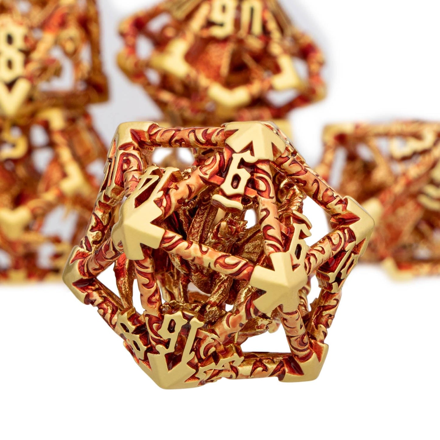ARUOHHA Hollow DND Dice Set Golden Red 5-Headed Dragon D and D Dice with Gift Box, Dungeons and Dragons Role Playing Games 7PCS