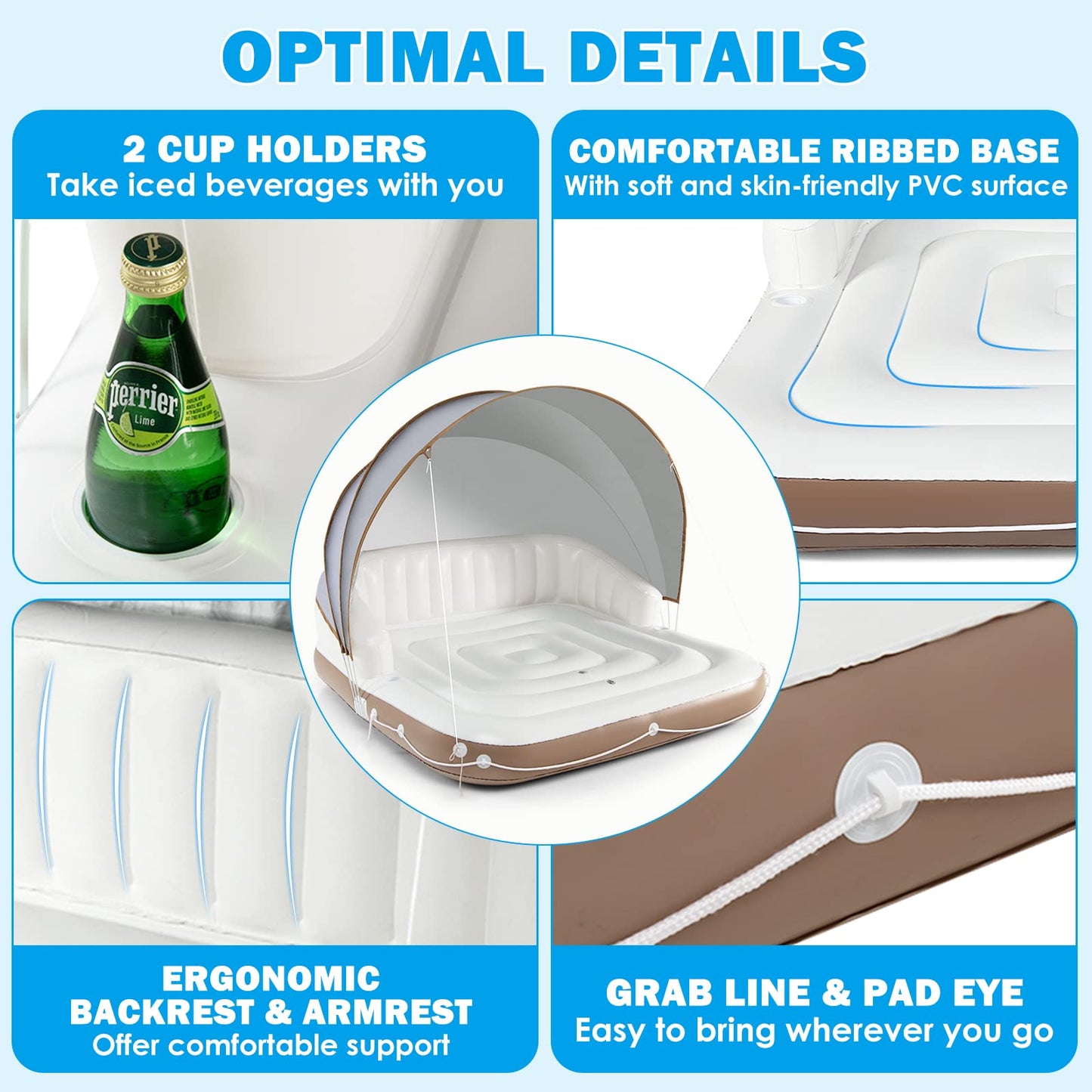 S Afstar 2-3 Person Inflatable Pool Float, 71 X71 Giant Inflatable Island Bed With Upf50 Retractable Canopy & Built-In Cup