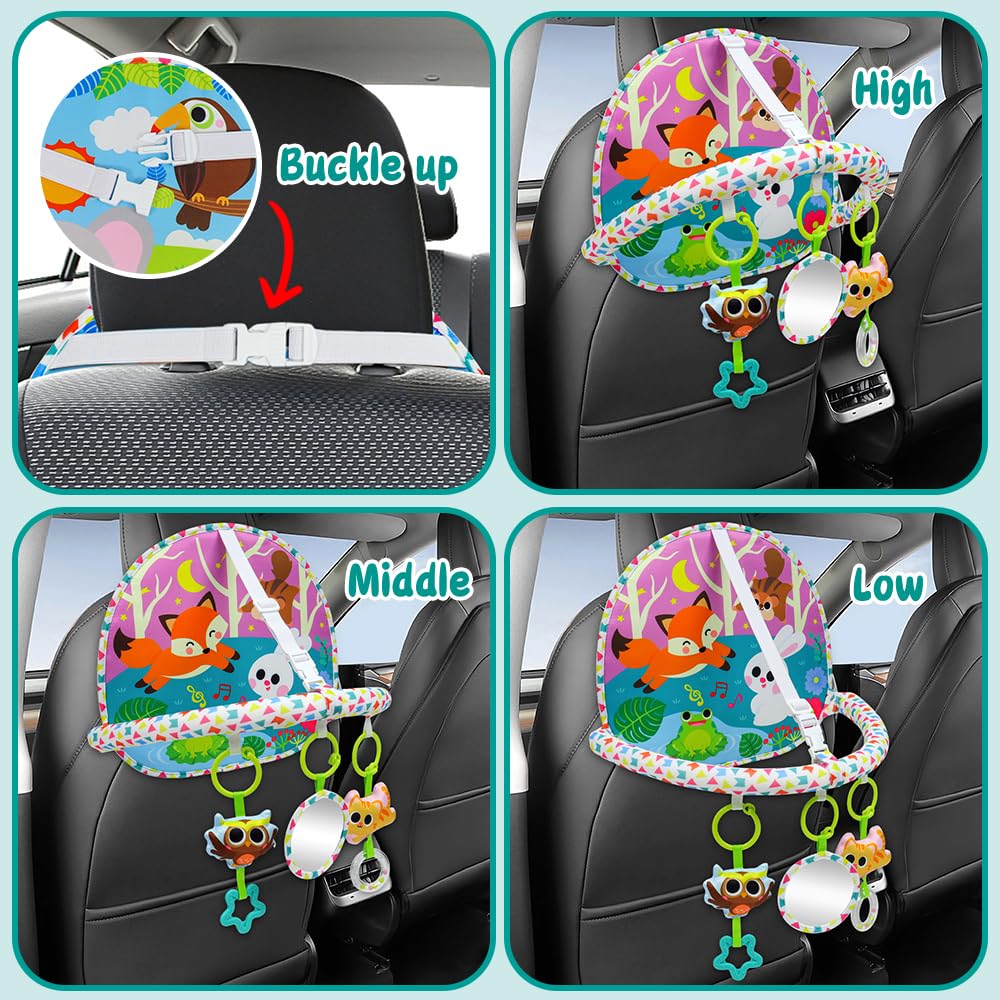 Okooko Car Seat Toy Rear Facing Car Seat Toy Baby Travel Toy Double-Sided With Baby Mirror Plush Toys Rattle Teether Thickened Pad Adjustable Sensory Toy For Newborn Baby Infant
