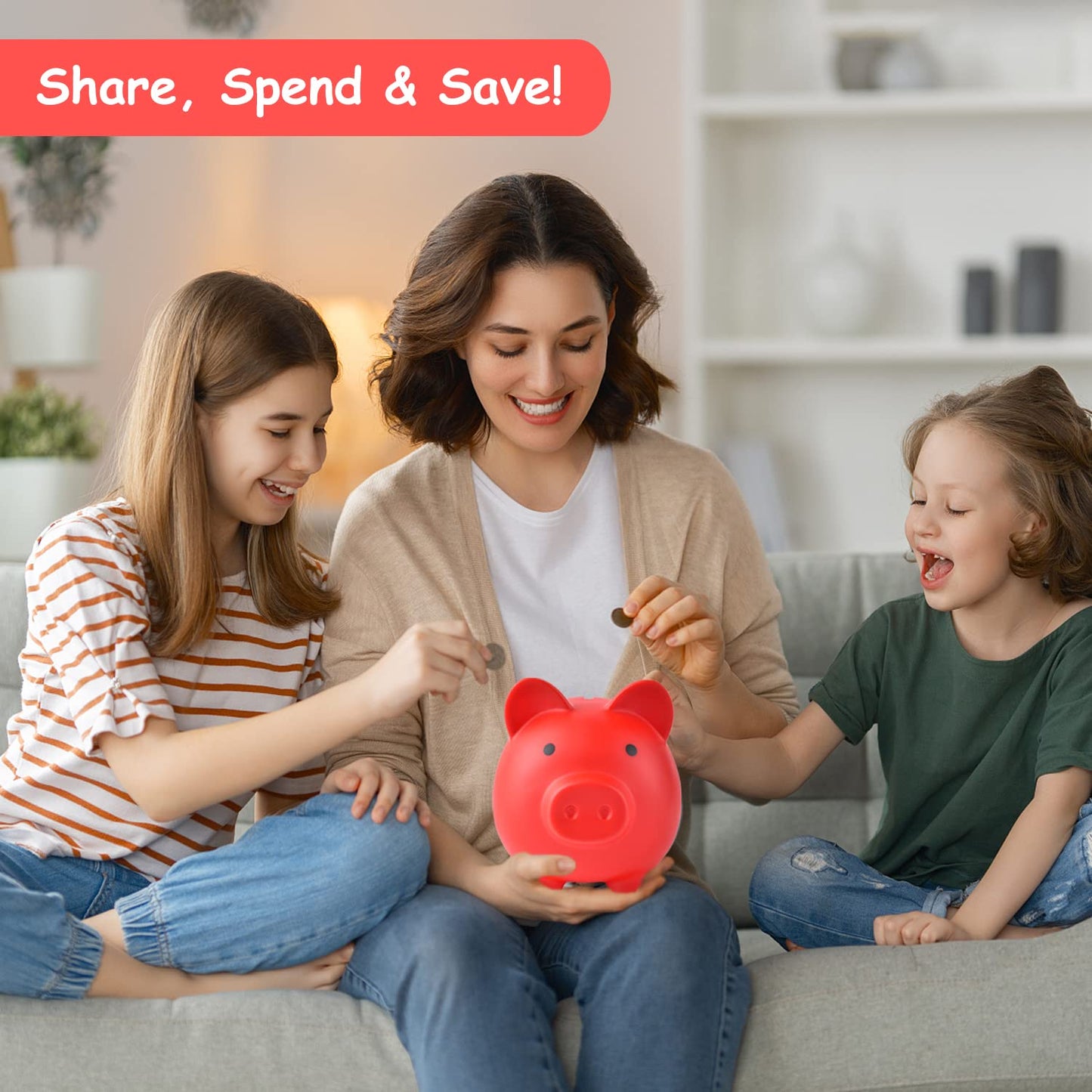 Pjdrllc Large Piggy Bank, Unbreakable Plastic Money Bank, Coin Bank For Girls And Boys, Large Size Piggy Banks, Practical Gifts For Birthday, Easter, Christmas (Red)