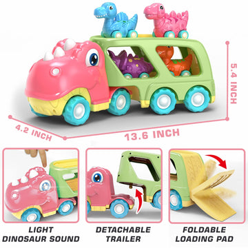 Dinosaur Car Toy for Toddler Girl, Dino Carrier Truck with 4 Mini Cartoon Pull Back Cars with Realistic Lights and Sounds, Pink