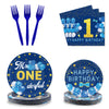 Tevxj 96Pcs Mr Onederful 1St Birthday Tableware Set First Birthday Dinnerware Disposable Plates Birthday Theme Party Plates Napkins Forks For Baby Boy 1St Birthday Party Decorations Supplies 24 Guests