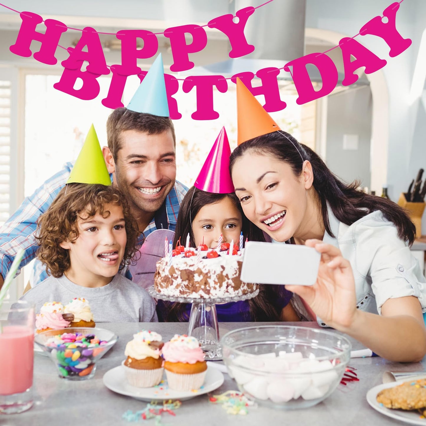 Pink Happy Birthday Banner Sign Happy Birthday Bunting Banner Flag Garland For Kids Girls Baby Birthday Party Decorations Supplies