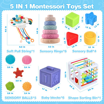 5 In 1 Montessori Toys For Babies 0-3-6-12 Months, Soft Baby Teething Toys, Sensory Bin Toy, Stacking Building Blocks & Rings For Infants,Developmental Toys For Toddler,Gift For Baby 12-18 Months