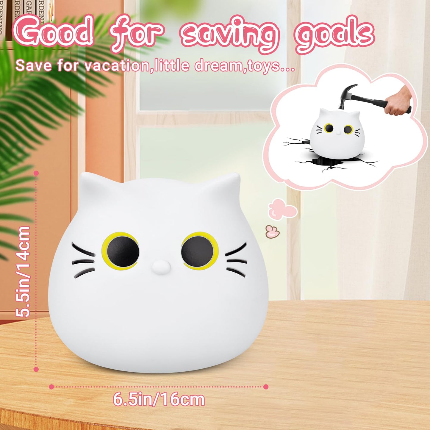 Jizwpoom Piggy Bank, Cute Cat Piggy Bank Cat Money Saving Box For Kids, Coin Piggy Bank Coin Bank Box Unbreakable Piggy Bank Toy Gifts For Adults Boys Girls Birthday (White, 7 Inch)