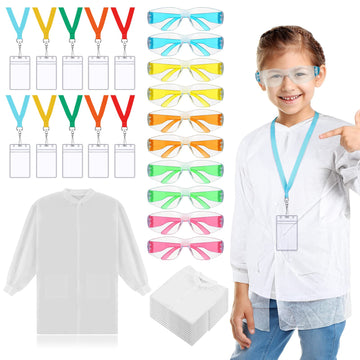 Wettarn 30 Pcs Science Party Kits For Kids Includes 10 Pcs Kids Safety Goggles 10 Pcs Disposable Kids Lab Coat 10 Pcs Science Badge For Kids Science Party Kids Science Goggles Science Coat