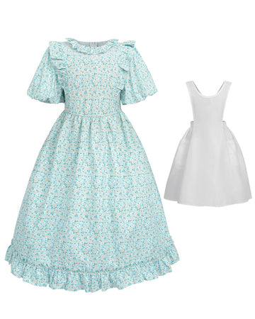 Fccam Colonial Pioneer Dresses For Girls Short Sleeve Floral Prairie Costume Green L