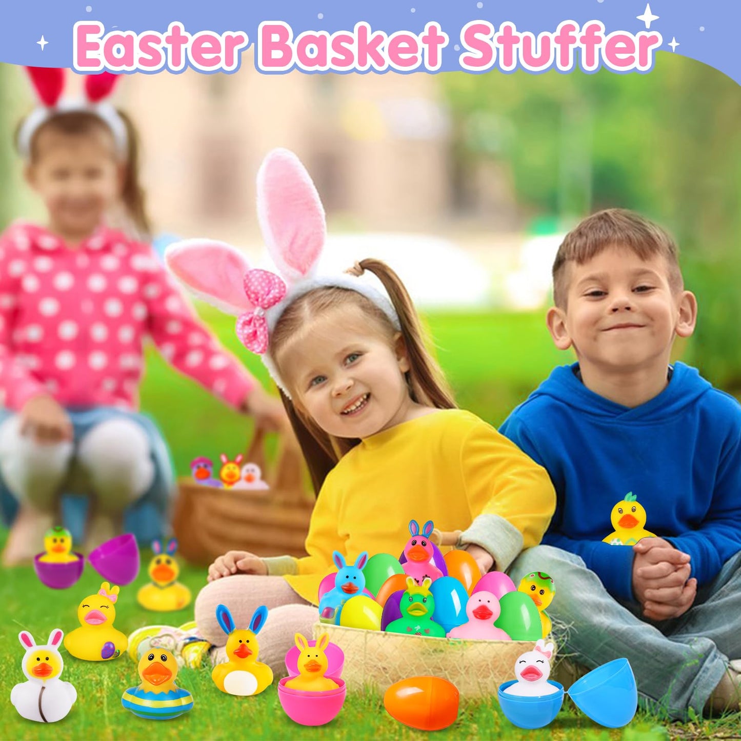 Anggiko 24 Pack Easter Rubber Ducks Bulk With Easter Eggs, Easter Party Favors Easter Basket Stuffer Supplies Goodie Bag Fillers