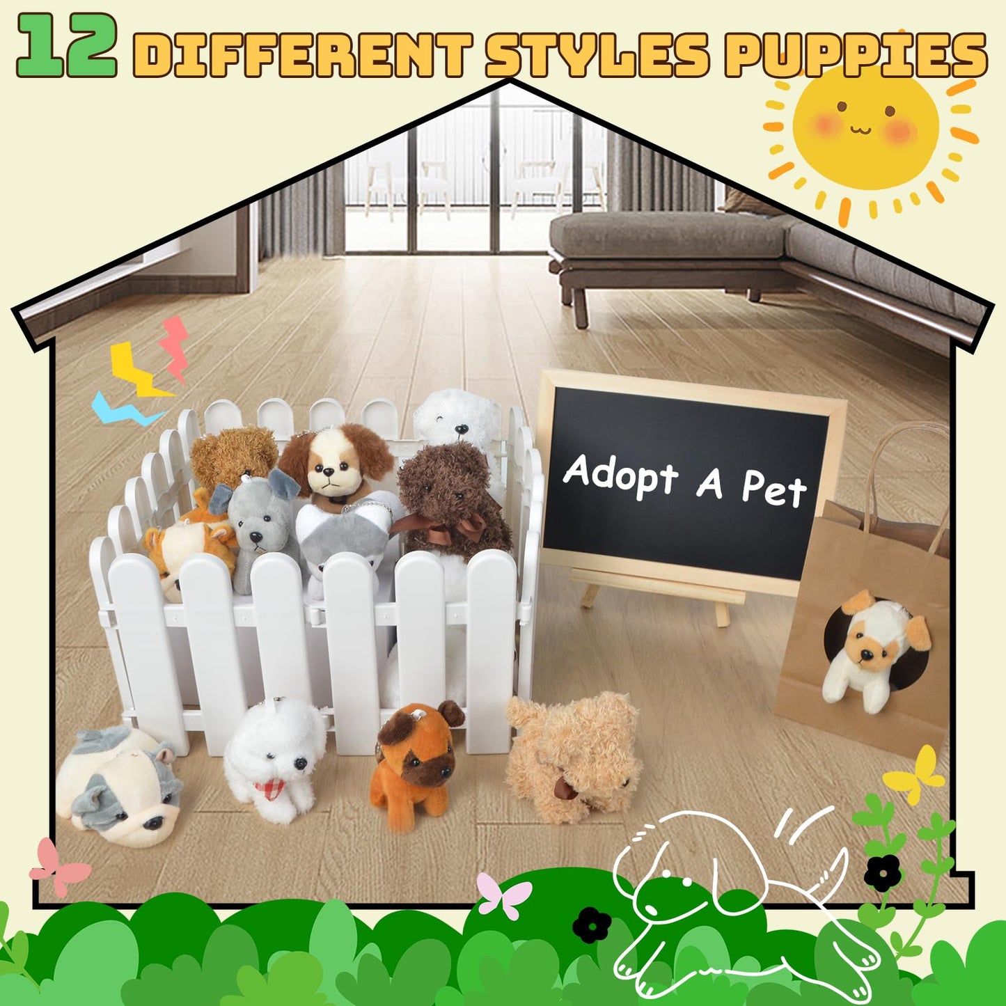 Letesult 36Pcs Adopt A Puppy Party Favors, Mini Stuffed Animals Adopt A Dog Set Includes 12 Stuffed Dogs 12 Kraft Paper Bags 10