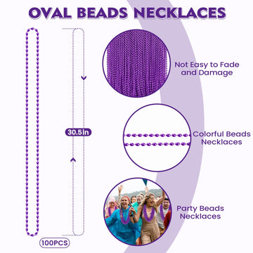 Shaoqinlin 100 Pcs Purple Mardi Gras Beads, Purple Oval Beads Necklaces 30.5'' Metallic Beaded Costume Necklaces Party Necklaces