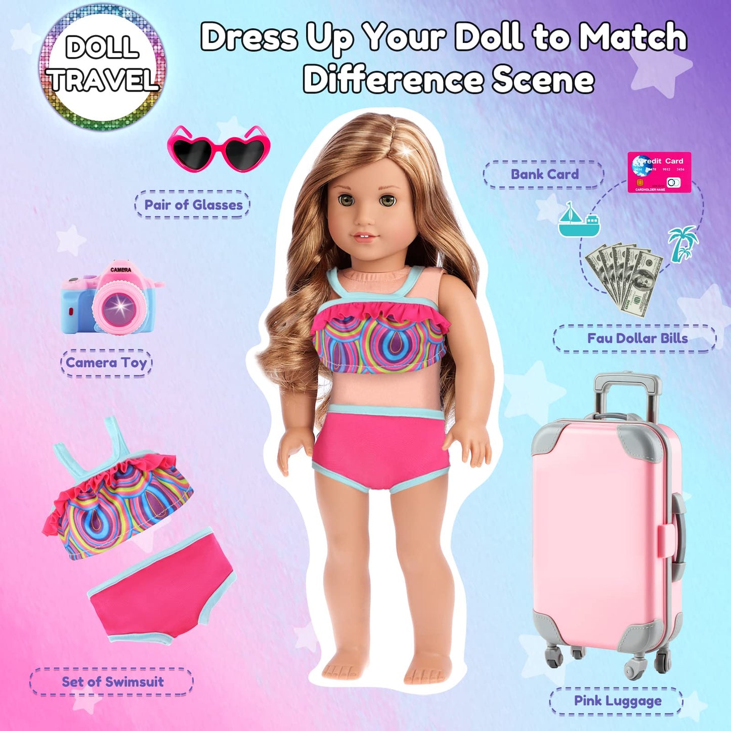 Giftinbox 29Pcs 18 Inch Girl Doll Clothes And Accessories-Travel Play Set For Dolls, Doll Stuff With Clothes, Luggage, Swimsuit,