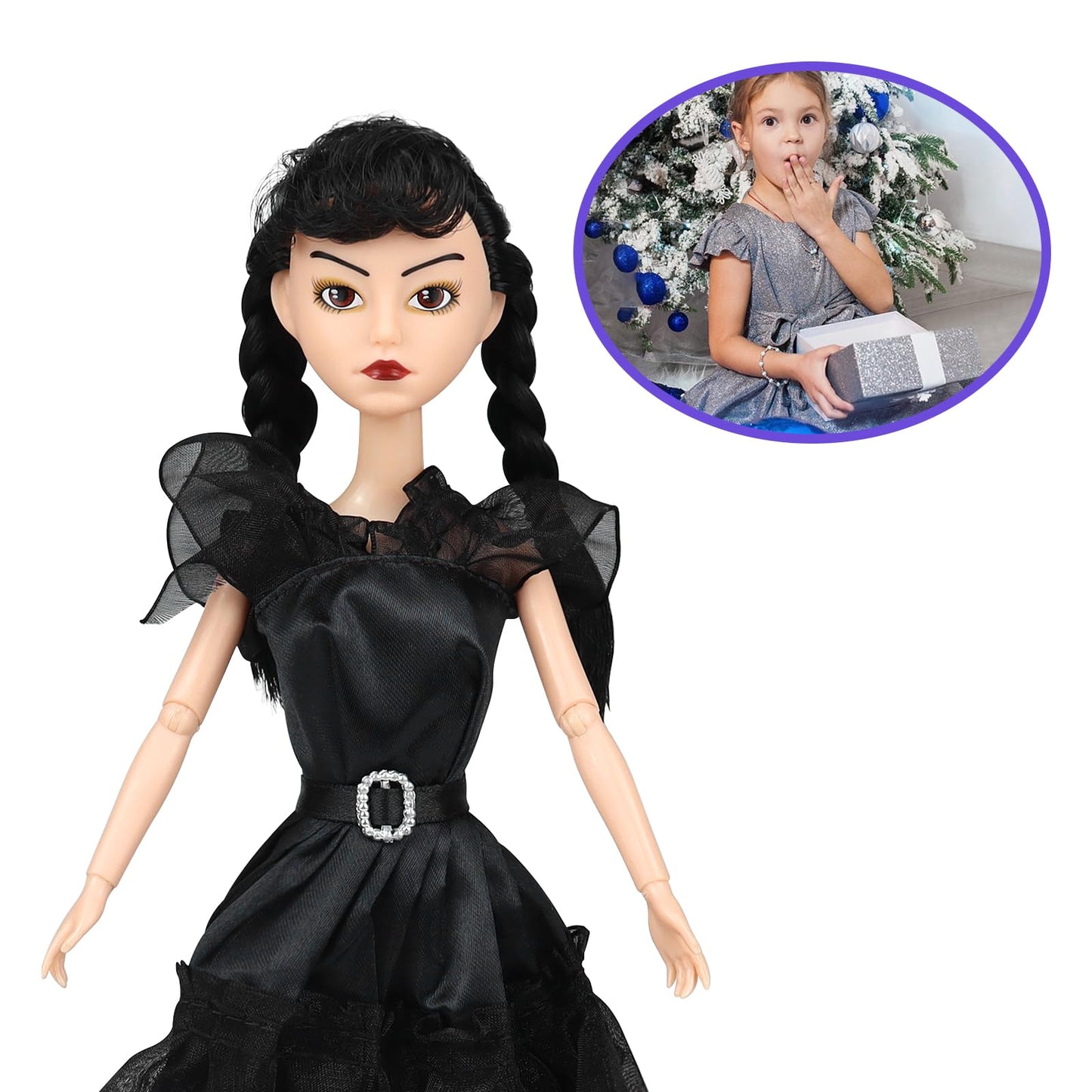 Dbywiub 11.5'' Girls Black Doll, Black Dress, Black High Heels, And Black Hair, Gift For Girls & Fans
