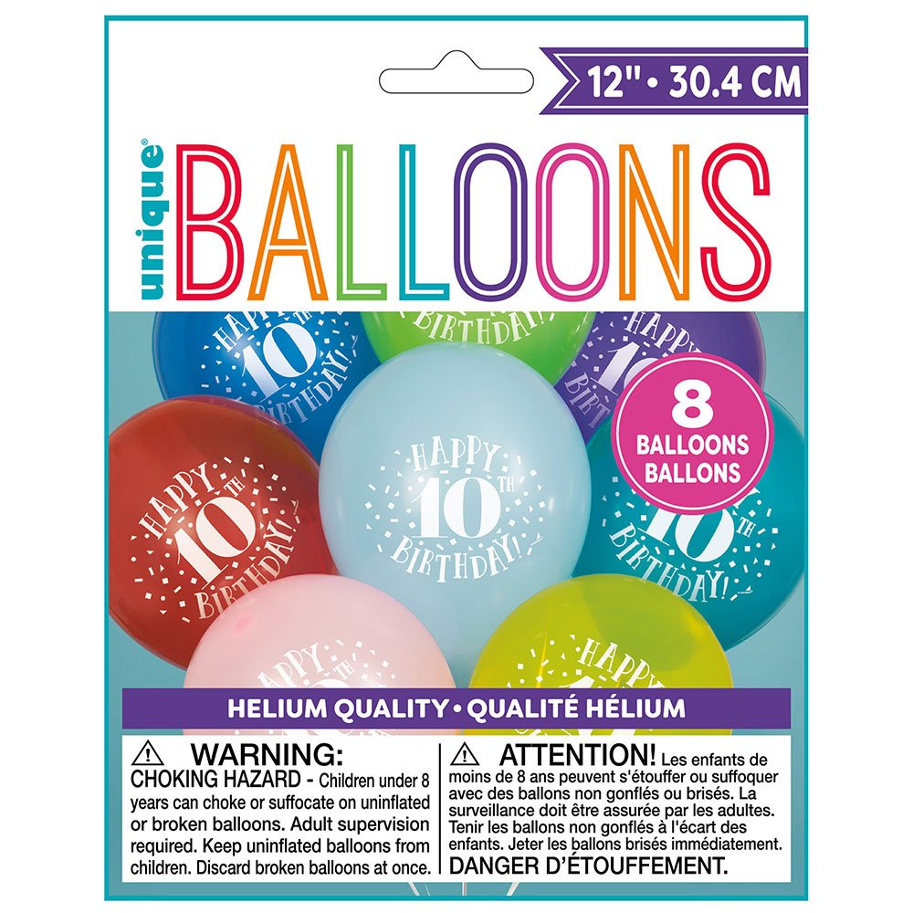 Happy 10Th Birthday Latex Balloons - 12' | Assorted Colors | 8 Pcs