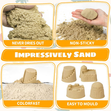 OENUX Play Sand Construction Set, Beach Building Castle Kit w/ 2.2lbs Play Sand, 4 Take Apart Construction Trucks Toys and Signs