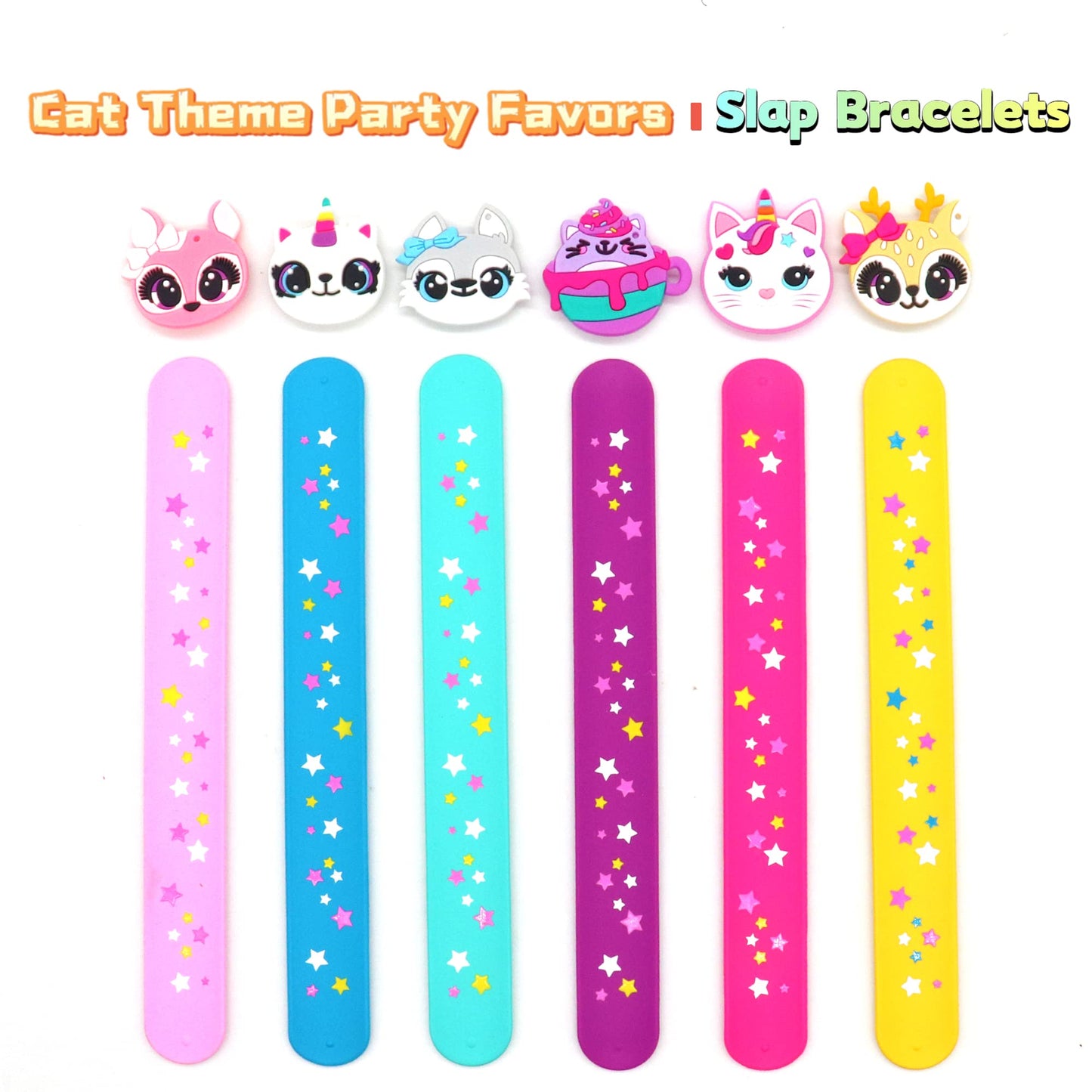 PAITUEND Cat Theme Slap Bracelets Party Favors- Cat Silicone Wristbands (6pack) for Boys&Girls Birthday&Cat Theme Party Supplies