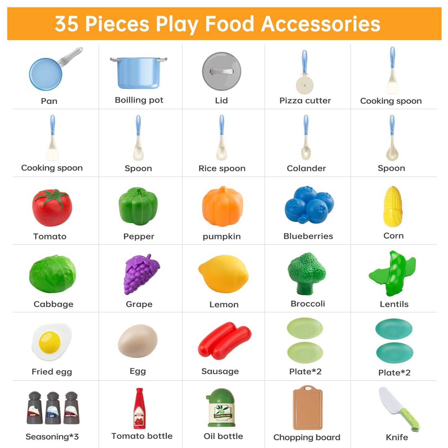 JokerKing 35Pcs Kids Kitchen Toy Accessories, Toddler Pretend Cooking Playset with Play Pots and Pans, Utensils Cookware Toys, P