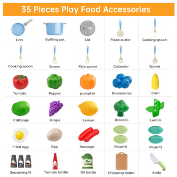 JokerKing 35Pcs Kids Kitchen Toy Accessories, Toddler Pretend Cooking Playset with Play Pots and Pans, Utensils Cookware Toys, P