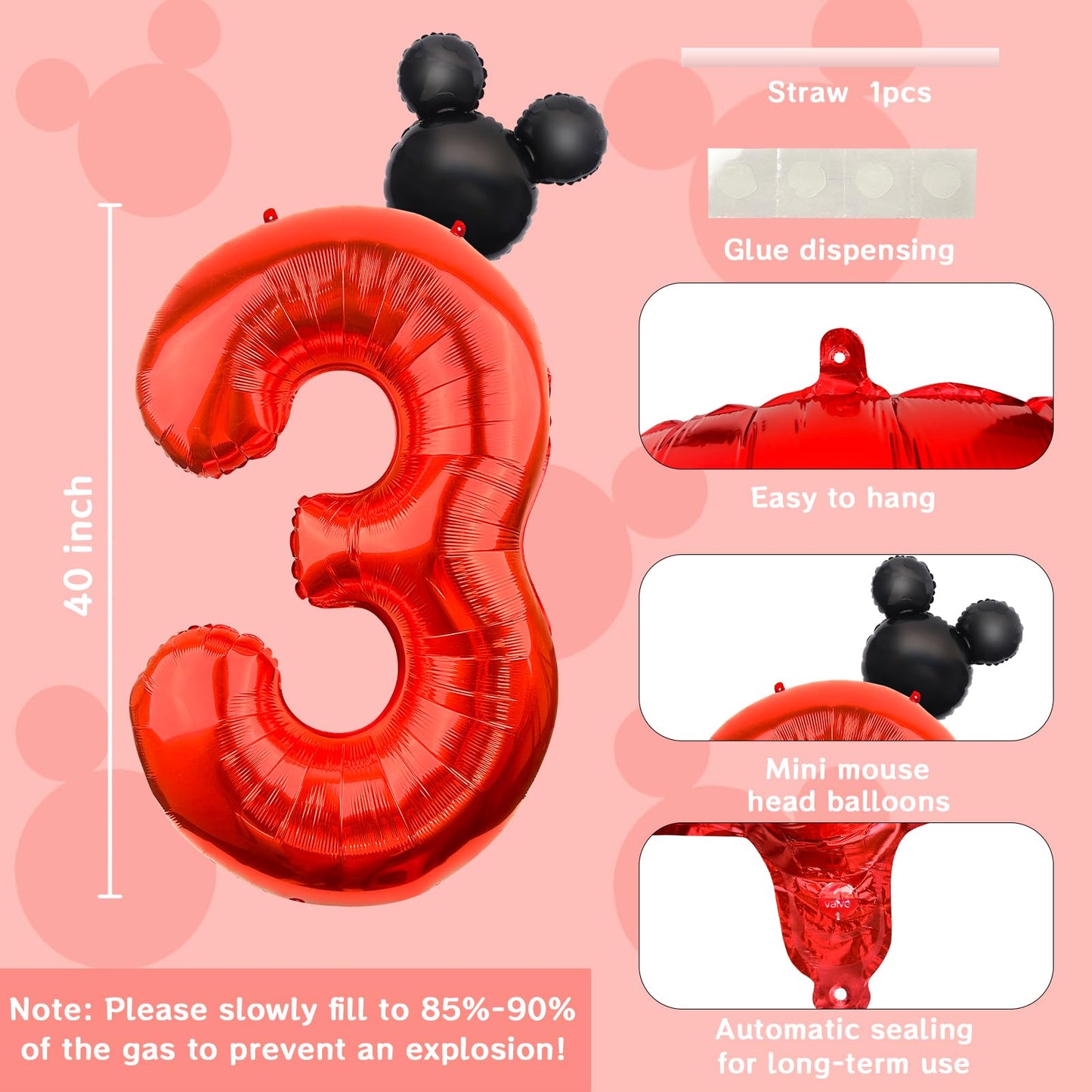 Lebery Mouse Number 3 Balloon 40 Inch Red Number 3 Balloon Mini Mouse Head Balloons For 3Rd Birthday Party, Black Red Large Numeral Foil Balloons For Baby Shower Anniversary Supplies Decorations