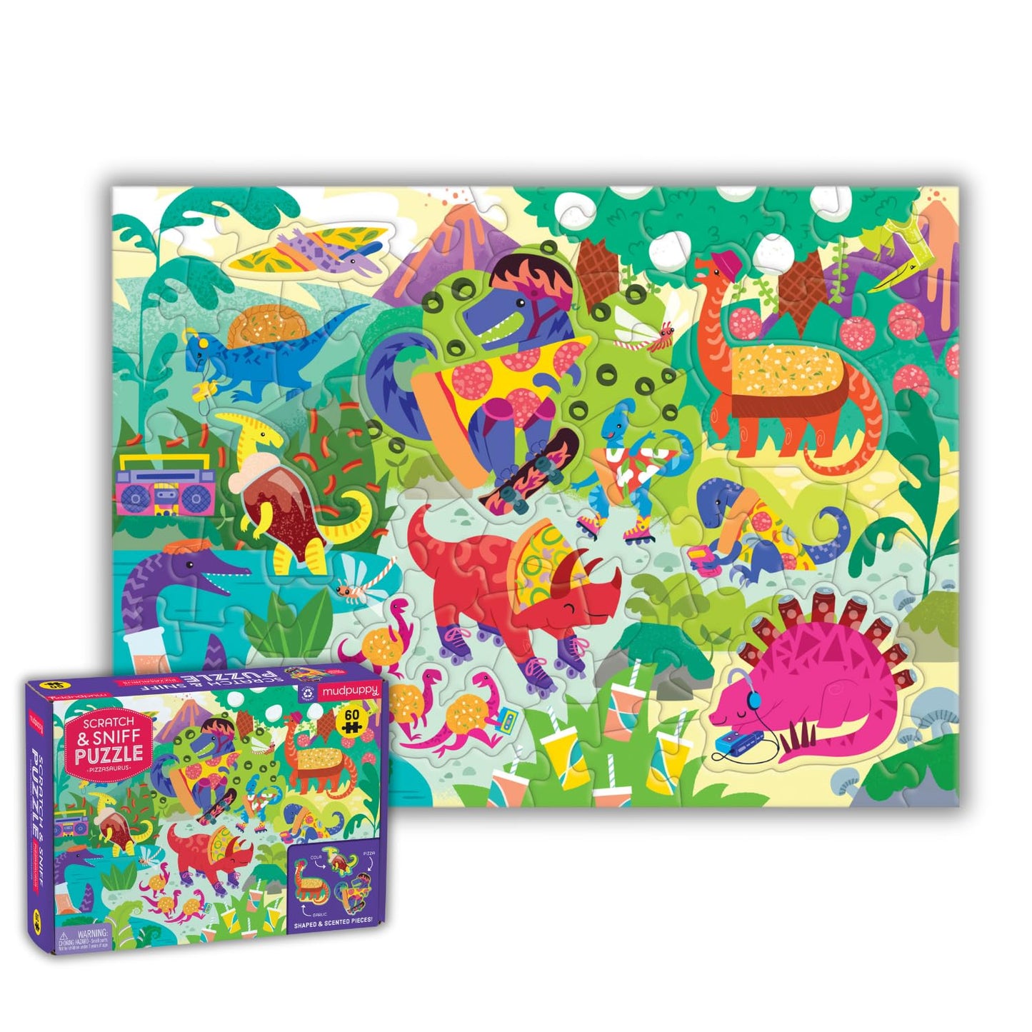 Mudpuppy Pizzasaurus - 60 Piece Scratch & Sniff Puzzle with Colorful and Fun Illustrations of Pizza Themed Dinosaurs and Scented