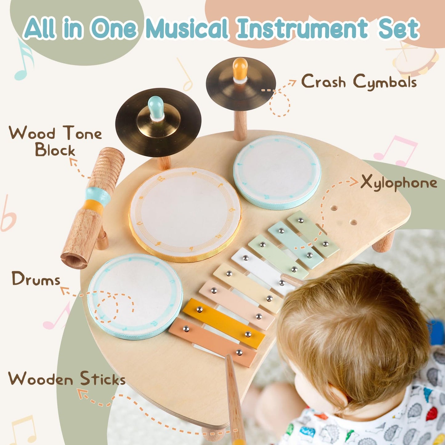 Kids Drum Set, Montessori Musical Instruments For Toddlers 1-3, Wooden Musical Toys For Baby 12-18 Months, Preschool Educational