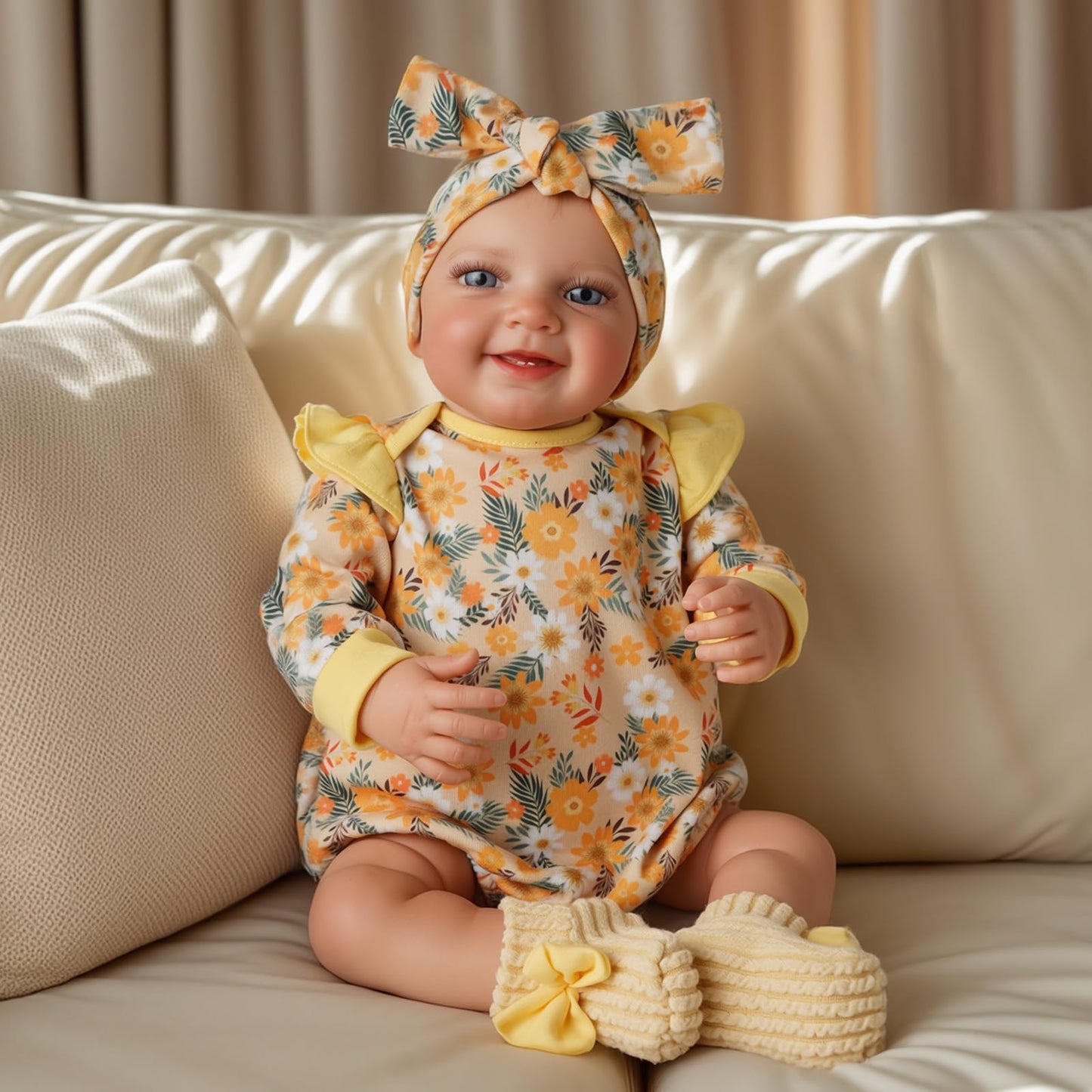 Babeside 3 Pcs Reborn Baby Doll Clothes For 17-22 Inch Dolls, Baby Doll Outfits Accessories With Floral Pattern For Lifelike Reborn Baby Dolls Accessories, Yellow