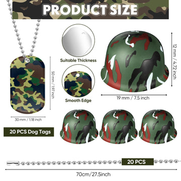 PullCrease 60 Pcs Army Party Favor Halloween Helmet Costume Includes Kid Plastic Camouflage Hats Military Dog Tags Chains
