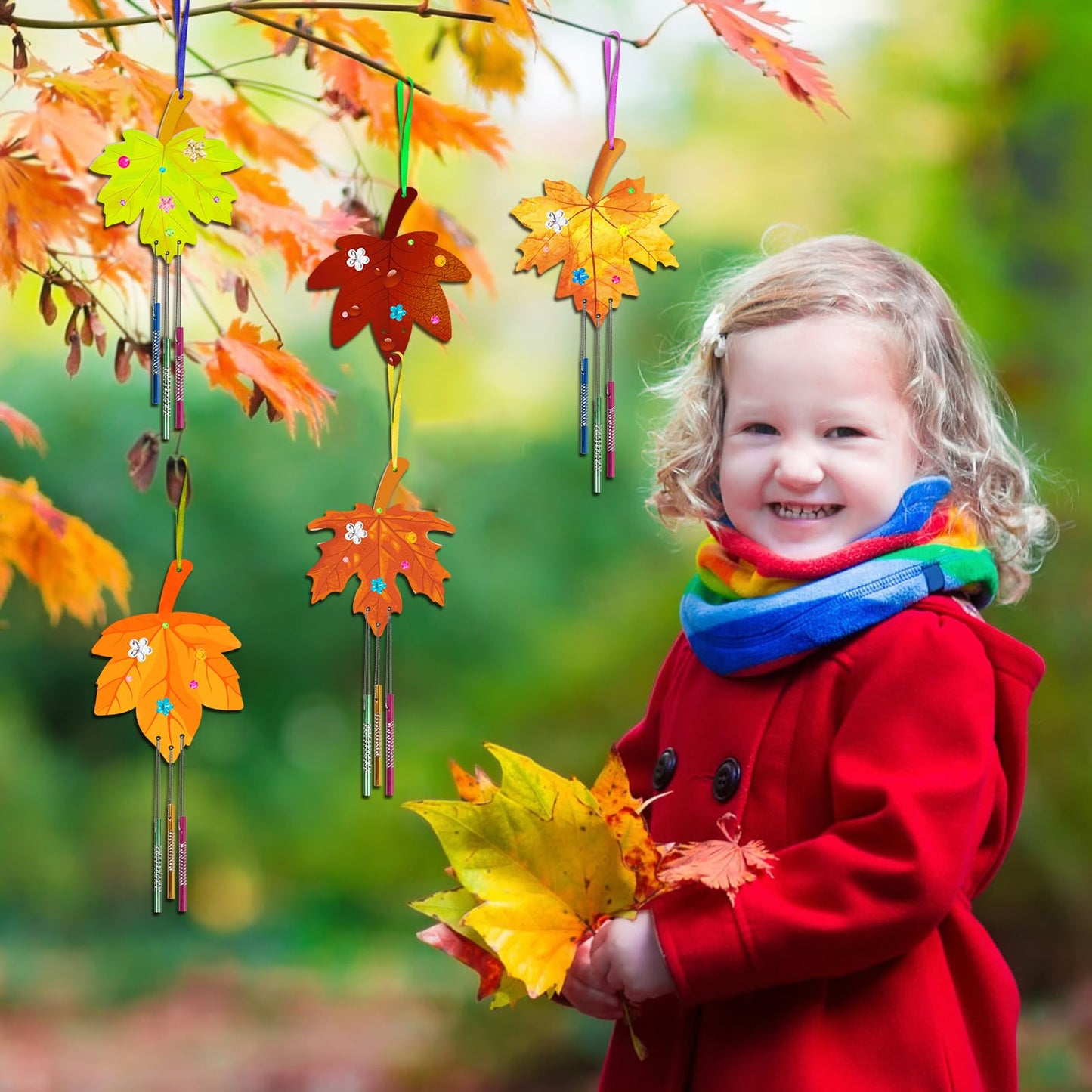 Fennoral 9 Pack Fall Wind Chime Kit For Kids Make You Own Maple Leaf Wind Chime Diy Coloring Fall Craft Wooden Hanging Ornaments