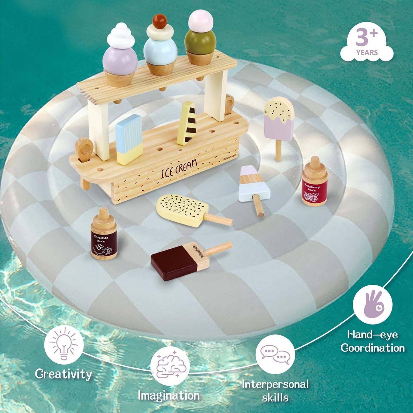 Pillowhale Wooden Ice Cream Toy,Pretend Play Food Toys,Play Ice Cream Counter Set for Kids,Play Kitchen Accessories for Toddlers