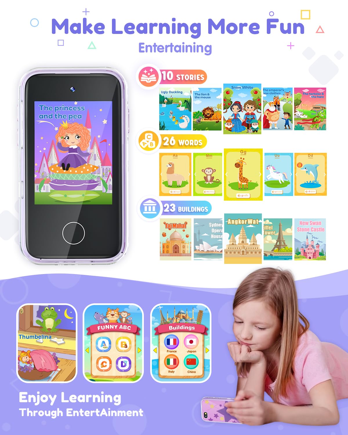 JOYJAM Phone for Kids Age 3-8,Kids Smart Phone for Girls Christmas Birthday Gifts,Toy Phone with Dual Camera Music Player Puzzle