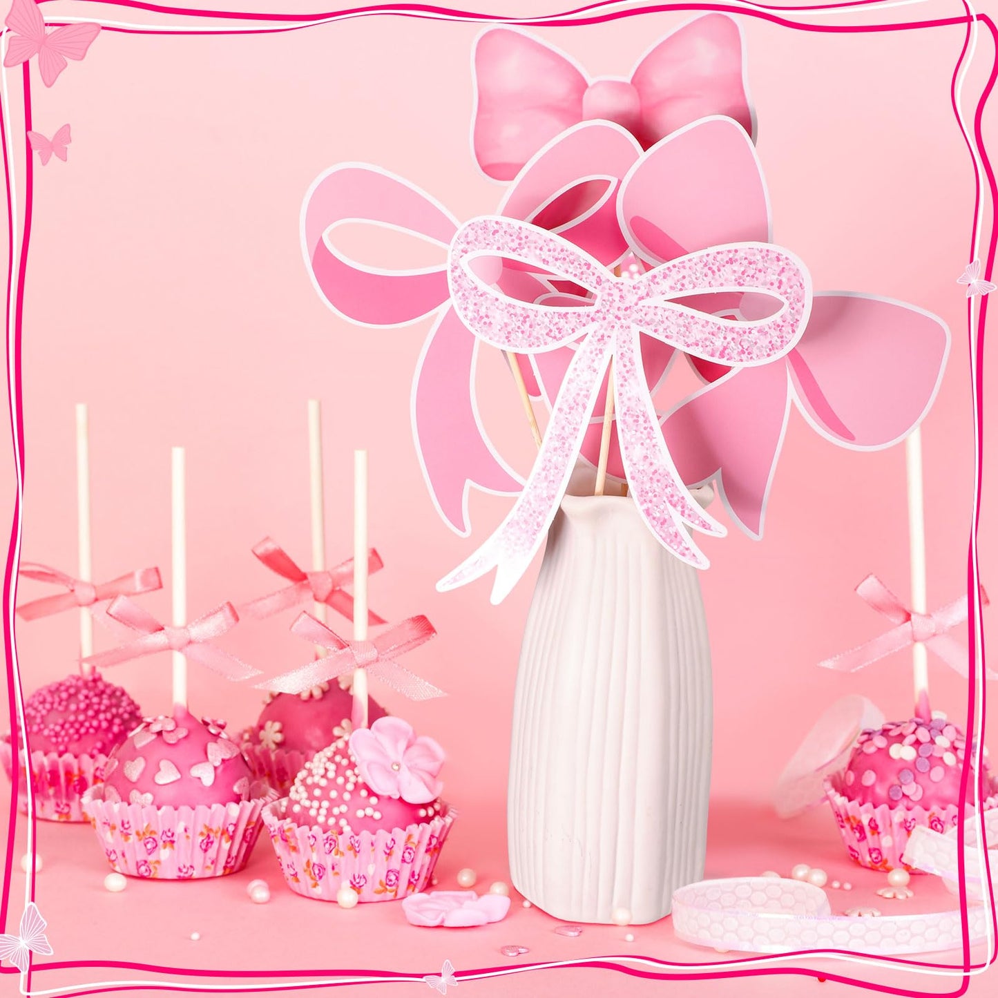Cinnvoice 30 Pcs Bow Party Decorations Coquette Bow Table Toppers Birthday Table Decor Coquette Party Centerpieces Sticks for Bi
