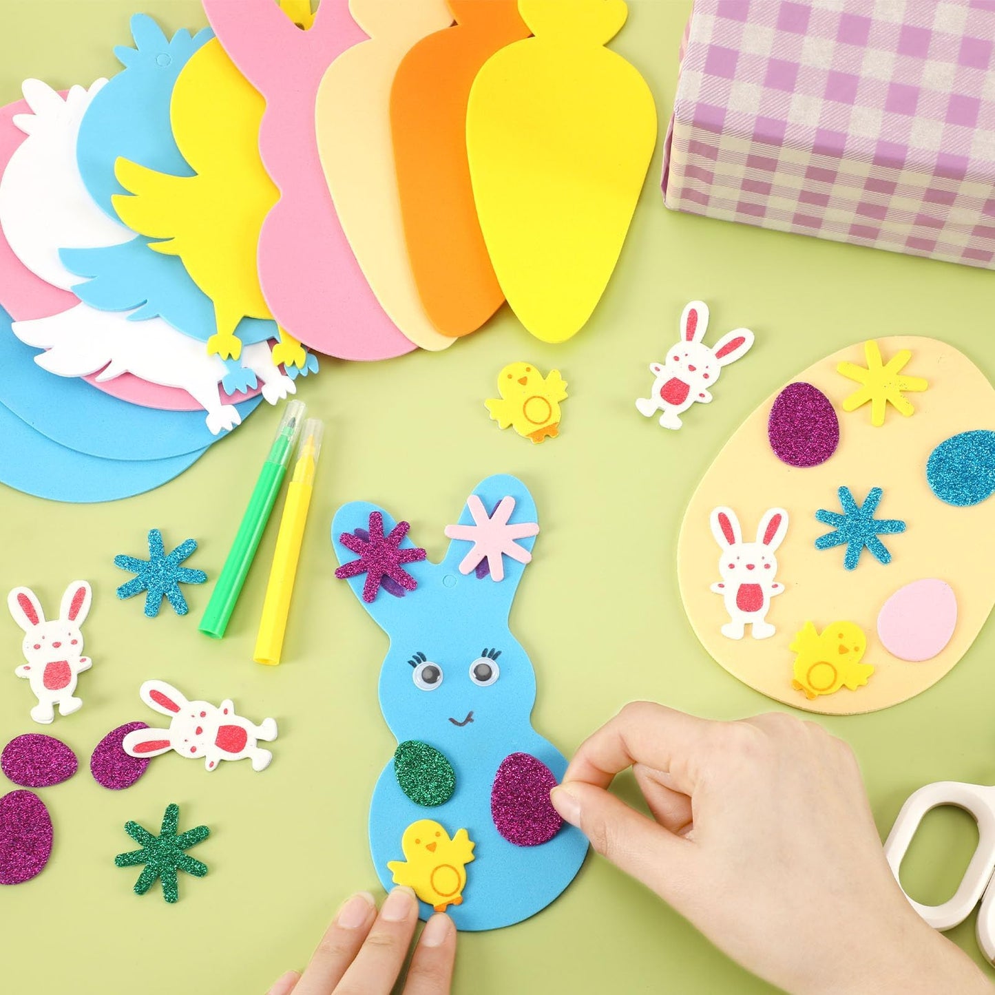 JULBEAR Easter Foam Crafts for Kids, 260 Pcs Foam Easter Foam Stickers Egg Rabbit Carrot Chick Arts and Crafts Kits, DIY Sticker