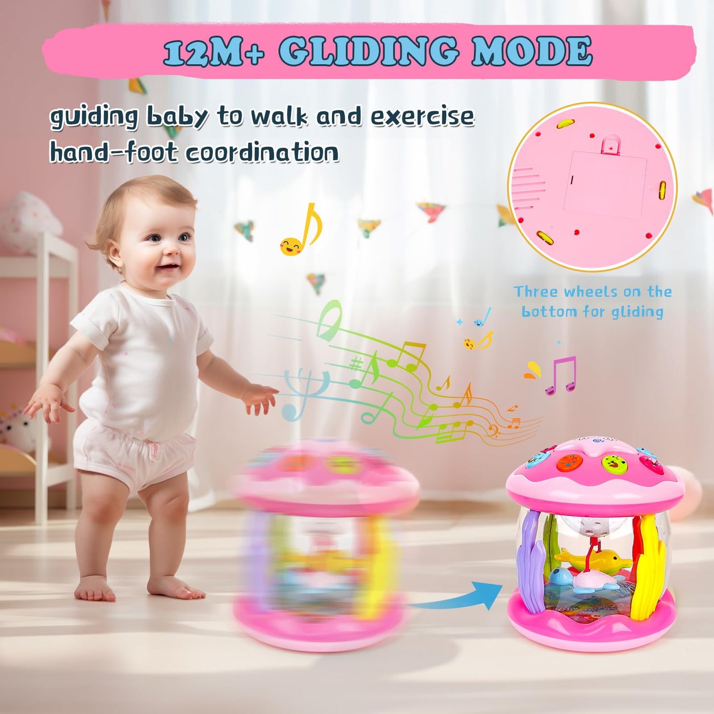 M Sanmersen Baby Girl Toys 6-12 Months - Babies Ocean Rotating Projector Light Up Musical Toys For 12-18 Months Crawling Learning Tummy Time 1 2 Years Old Infant Boys Girls Gifts - Pink