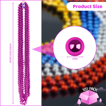 ZYFLSQ 100 Pcs 33'' 7mm Metallic Hot Pink Beads Necklaces, Bulk Mardi Gras Beaded Necklaces, Party Beads Costume Necklaces