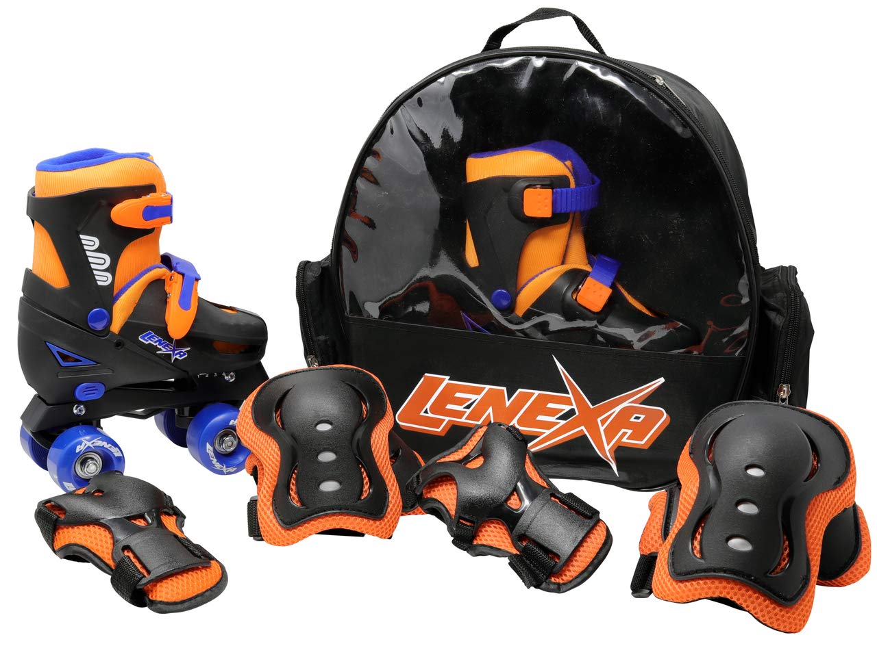 Lenexa Go Gro Adjustable Quad Roller Skate Bundle - Kids Roller Skates With Wrist Guards, Knee Pads, Elbow Pads, And Matching Ba