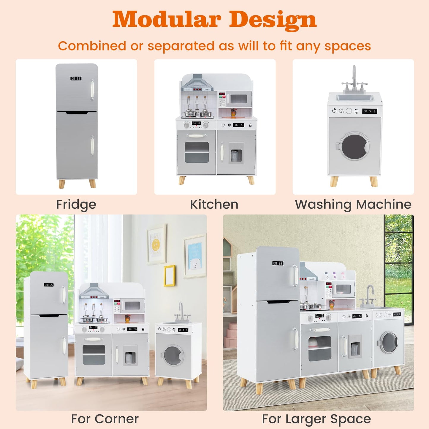 Costzon 3-Piece Play Kitchen for Kids, Wooden Toy Kitchen Set with Refrigerator, Washing Machine, Range Hood, Ice Maker, Kids Ki