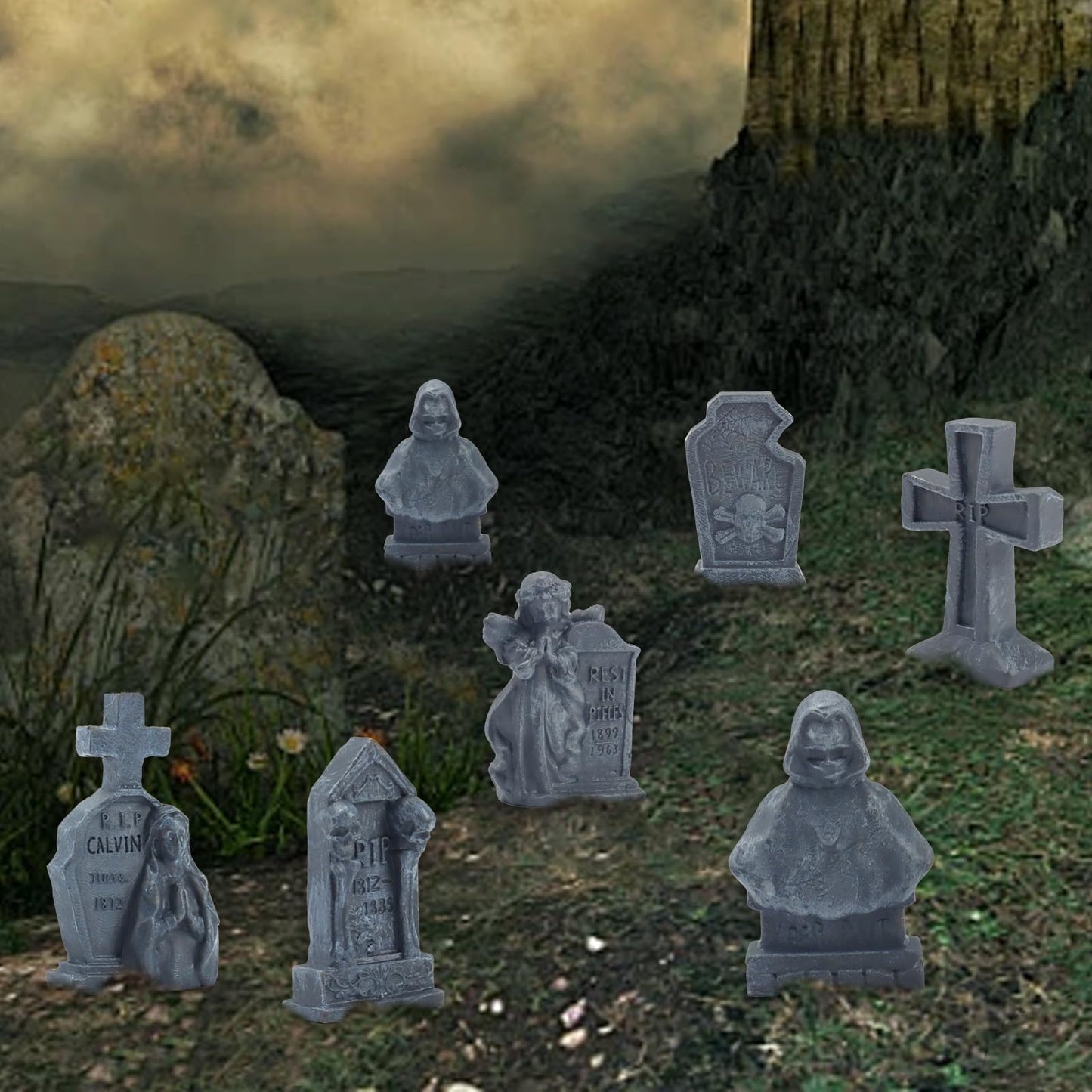 Bbiamsleep 12 Pcs Miniature Tombstones Figurine Mini Resin Tombstones Mini Gravestone Multiple Sizes Style For Mini House Graveyard Scene Diorama Crafts Halloween Decor Accessories, Gray