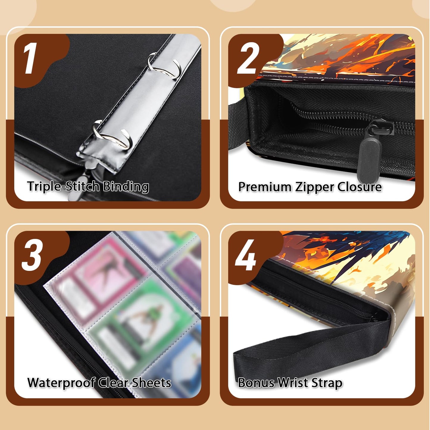 Wazzio Trading Card Storage Album Card Binder with 50 Durable 9-Pocket Pages Ice Fire Dragon Design on Pocket Card Packs Gifts for Zipper Closure Collector's Album