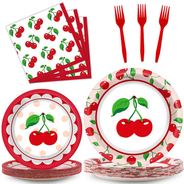 Obusatt 100 Pcs Cherry Fruit Party Supplies Tableware Set Summer Tropical Picnics Dinnerware Set Disposable Paper Plates Napkins