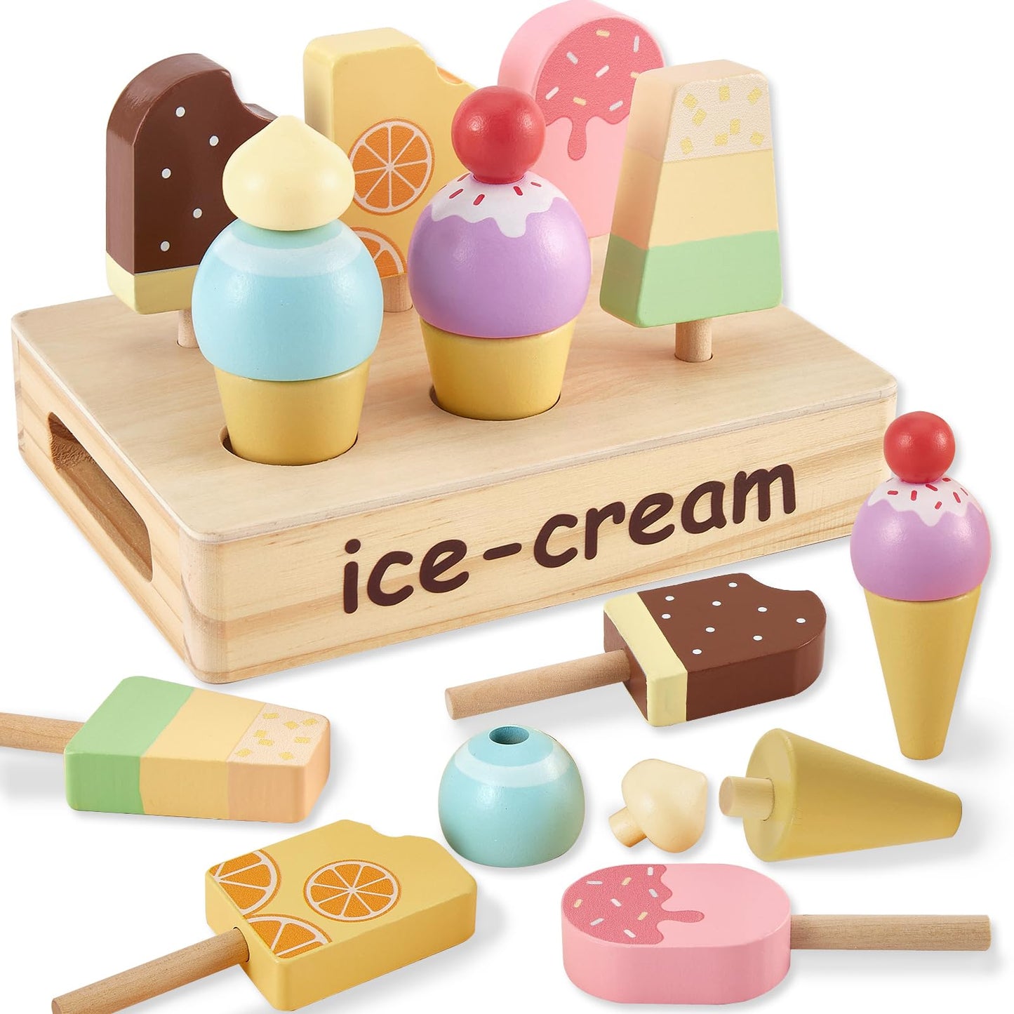 HERSITY Wooden Ice Cream Stand for Kids, Ice Cream Popsicle Toy Pretend Play Food Kitchen Accessories Playset Ice Lolly Shop Gam