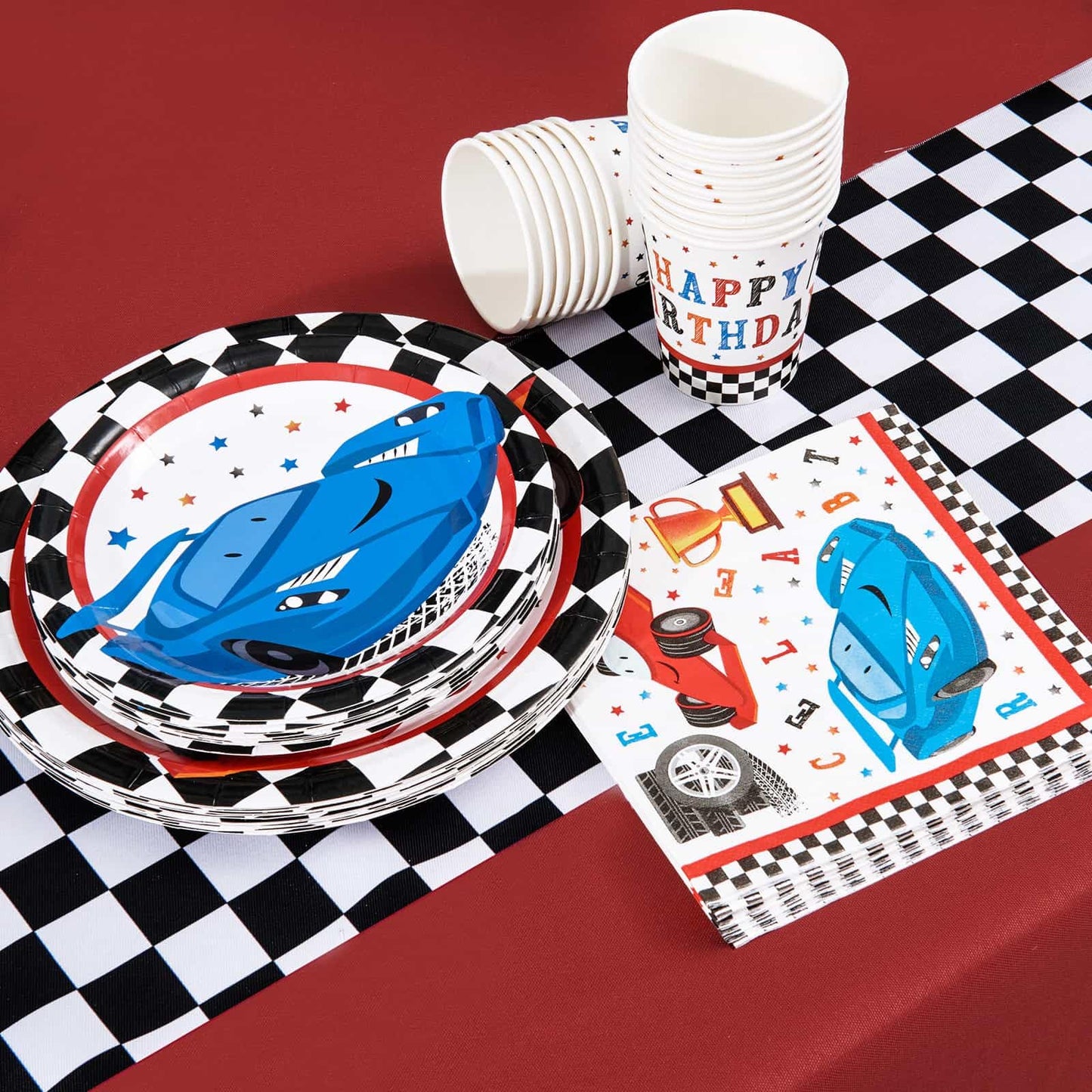 Wernnsai Racing Car Party Supplies For Boys - 64 Pcs Disposable Party Tableware Kit Includes Paper Luncheon Dinner Dessert Cake Plates Napkins Cups Birthday Party Dinnerware Serves 16 Guests