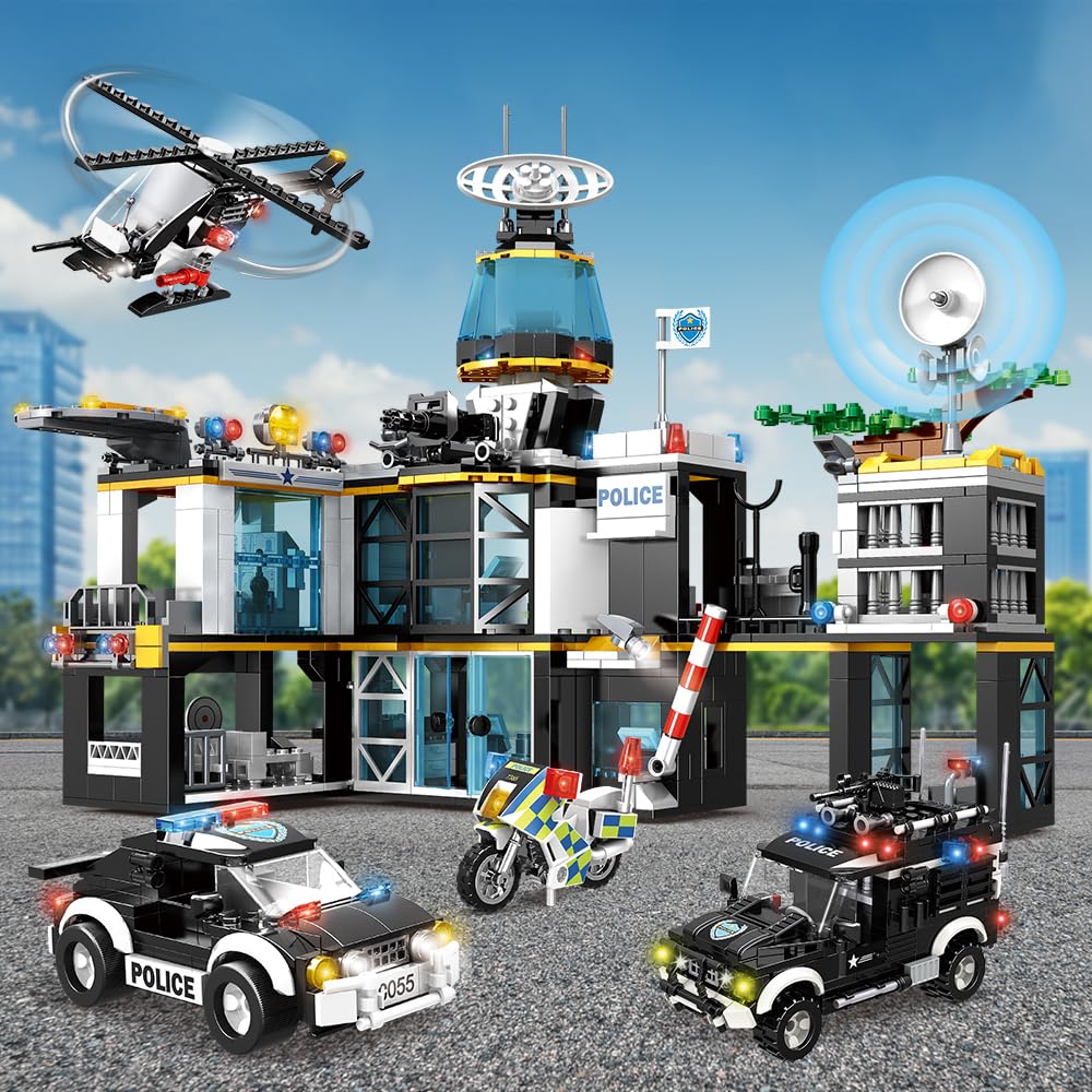 Hogokids City Police Station Building Set - 1261 Pcs Police Building Blocks Toys With Helicopter Motorcycle And 2 Cars, Stem Police Construction Playset For Kids Boys Girls Aged 8 9 10 11 12+