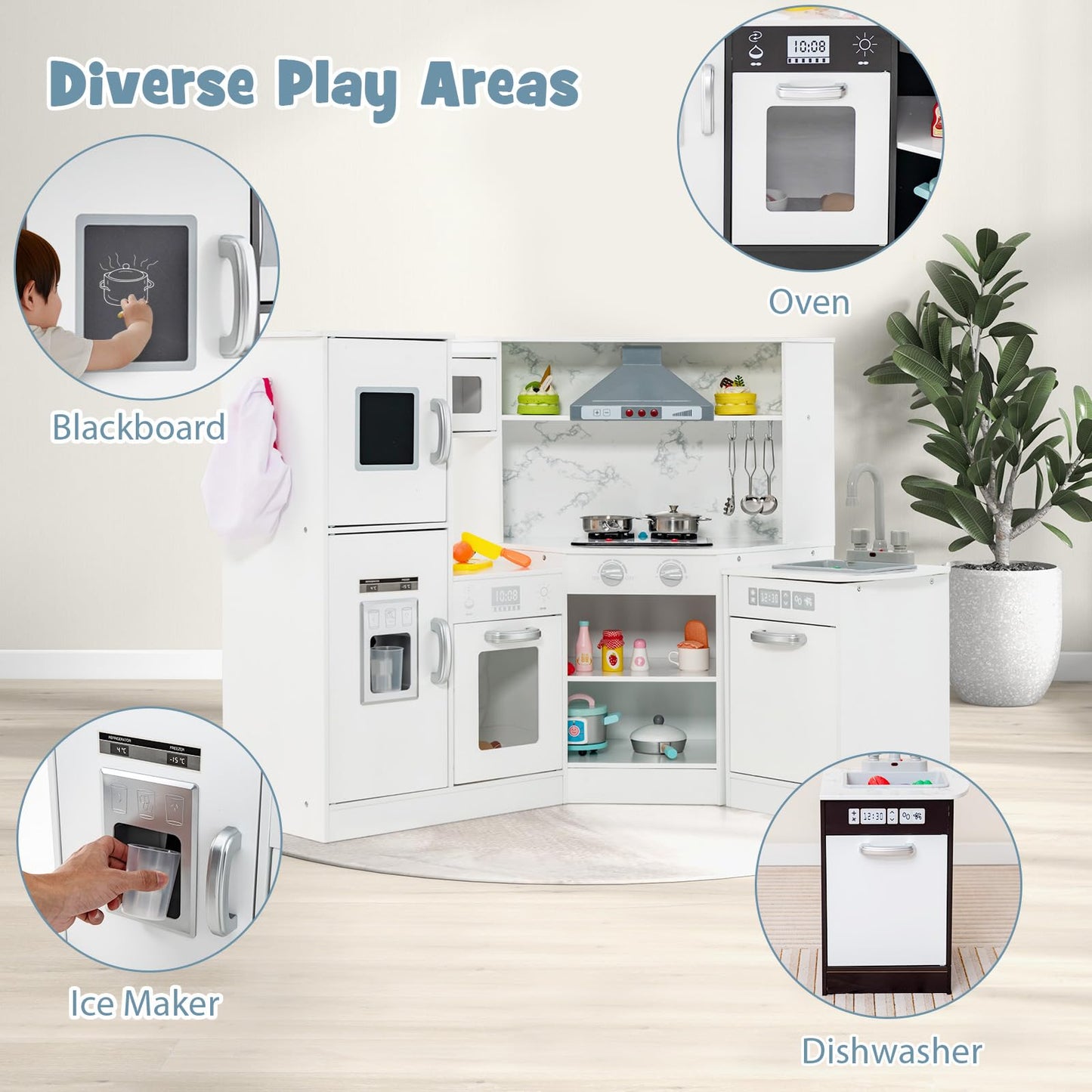 Costzon Corner Kids Kitchen Playset, 2-Piece Wooden Toy Kitchen Set and Washing Basin with Microwave, Ice Maker, Range Hood, Sto